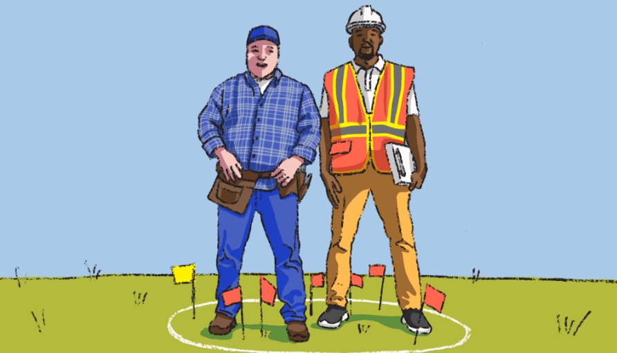 Contractor and utility worker standing with a few flags placed inside a white circle