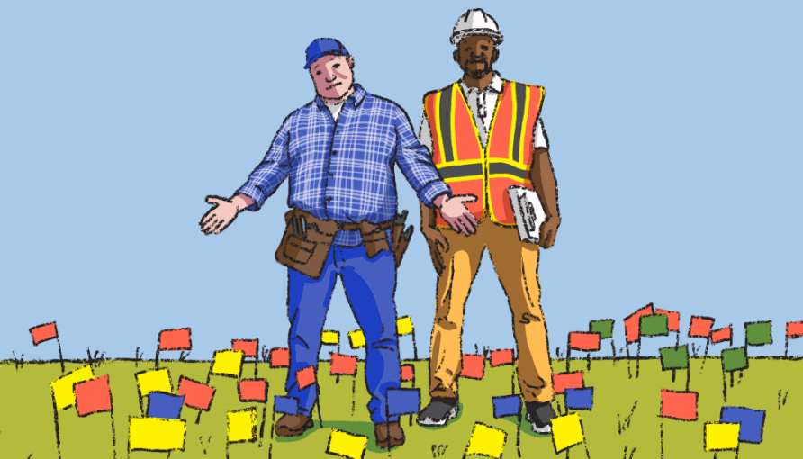 Contractor and utility worker standing with flags placed all over a yard